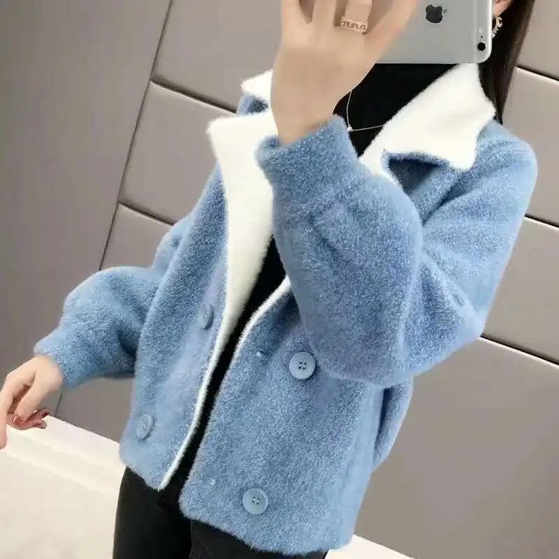 Blue Женский свитер, однотонное пальто из искусственного меха норки, короткое двубортное пальто с отворотом, популярное модное пальто в студенческом стиле, зимнее пальто - Цвет: Blue