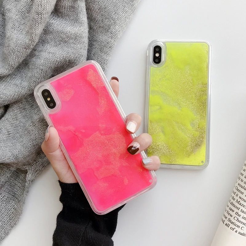 Блестящий светящийся неоновый песок чехол для iphone SE 11 Pro XS MAX XR X 6 6s 7 8 Plus жидкий
