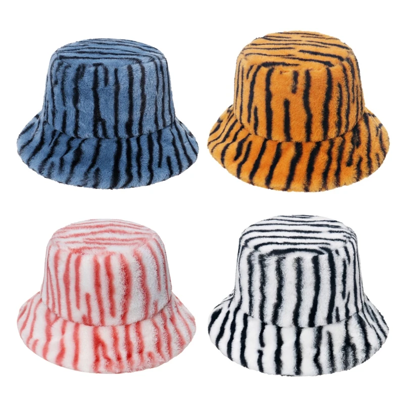 

Fashion Zebra Striped Plush Basin Hat Fisherman Hat Unisex Faux Rabbit Fur Wool Plush Hats Autumn Winter Hat Hipster