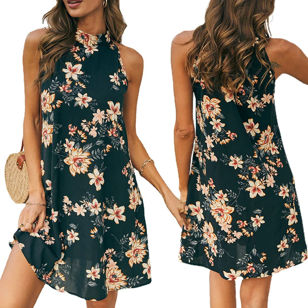

Halter Open Back Sleeveless Sexy Beach Style Loose Print Floral Mini Neck-mounted Pullover Vintage Summer Dresses for Women