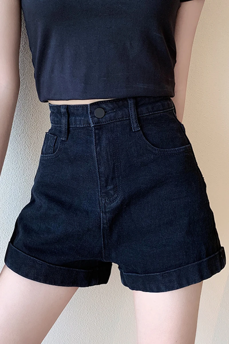 

Black high waisted denim shorts women's summer 2021 new straight tube loose thin wide leg pants small ultra short pants