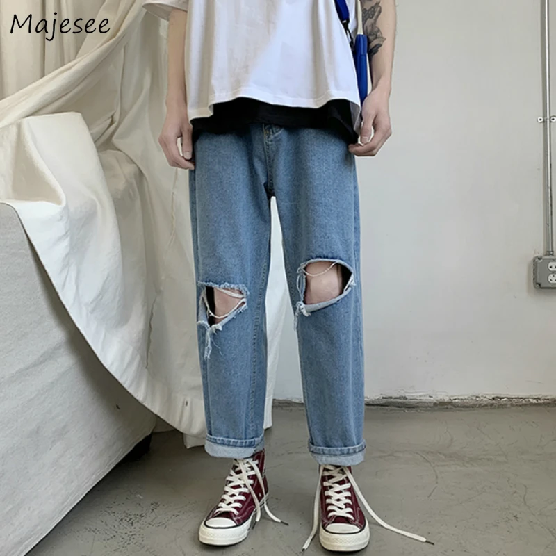 

Men Jeans Holes Solid Ankle-length Plus Size 3XL Denim Loose Korean Style Vintage Leisure Teens Hip-hop Fashion Trousers Ulzzang