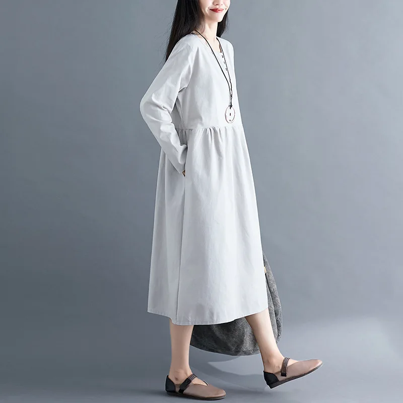 Женское платье из хлопка и льна Johnature свободное однотонное винтажное с длинным