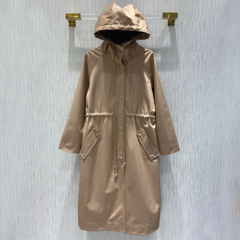 

Женский Тренч Осень-зима 2021, однотонное пальто с капюшоном и карманами, Высококачественная ветровка, длинное дизайнерское пальто