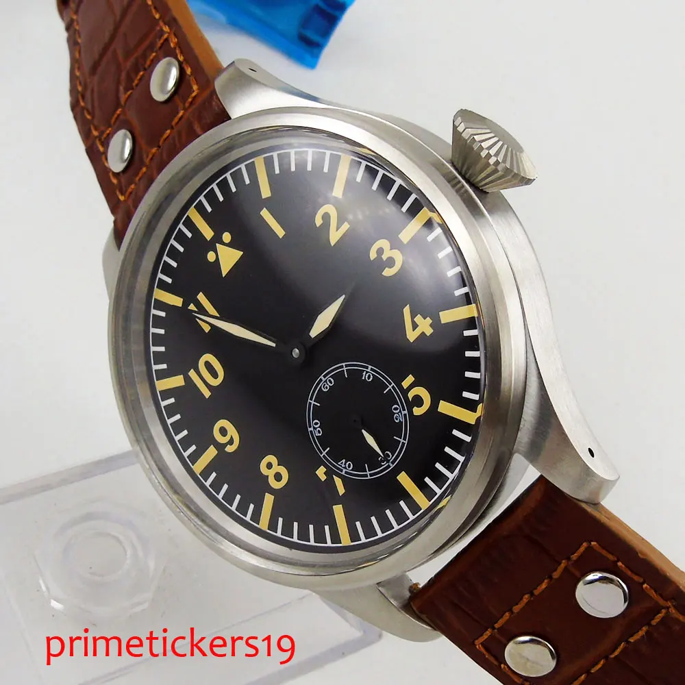 Мужские часы с ручным заводом 55 мм желтые цифры светящиеся 6498 кофейный кожаный