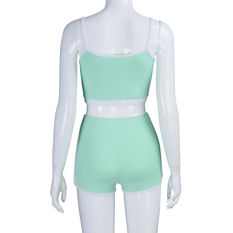 

New arrival sport women two-piece set+Tank top and contrasting color hemline halter with tank top and shorts set