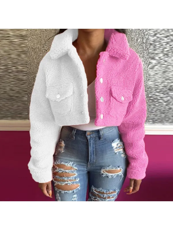 

2021 Winter Fashion Lapel Pocket Color Contrast Jacket Pocket Small Coat Denim Jacket Woman Jacket