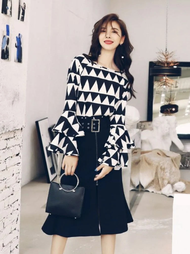 

2-Piece Set Women Long Sleeved Blouse + Skirt Suit Sweet Office Outfits