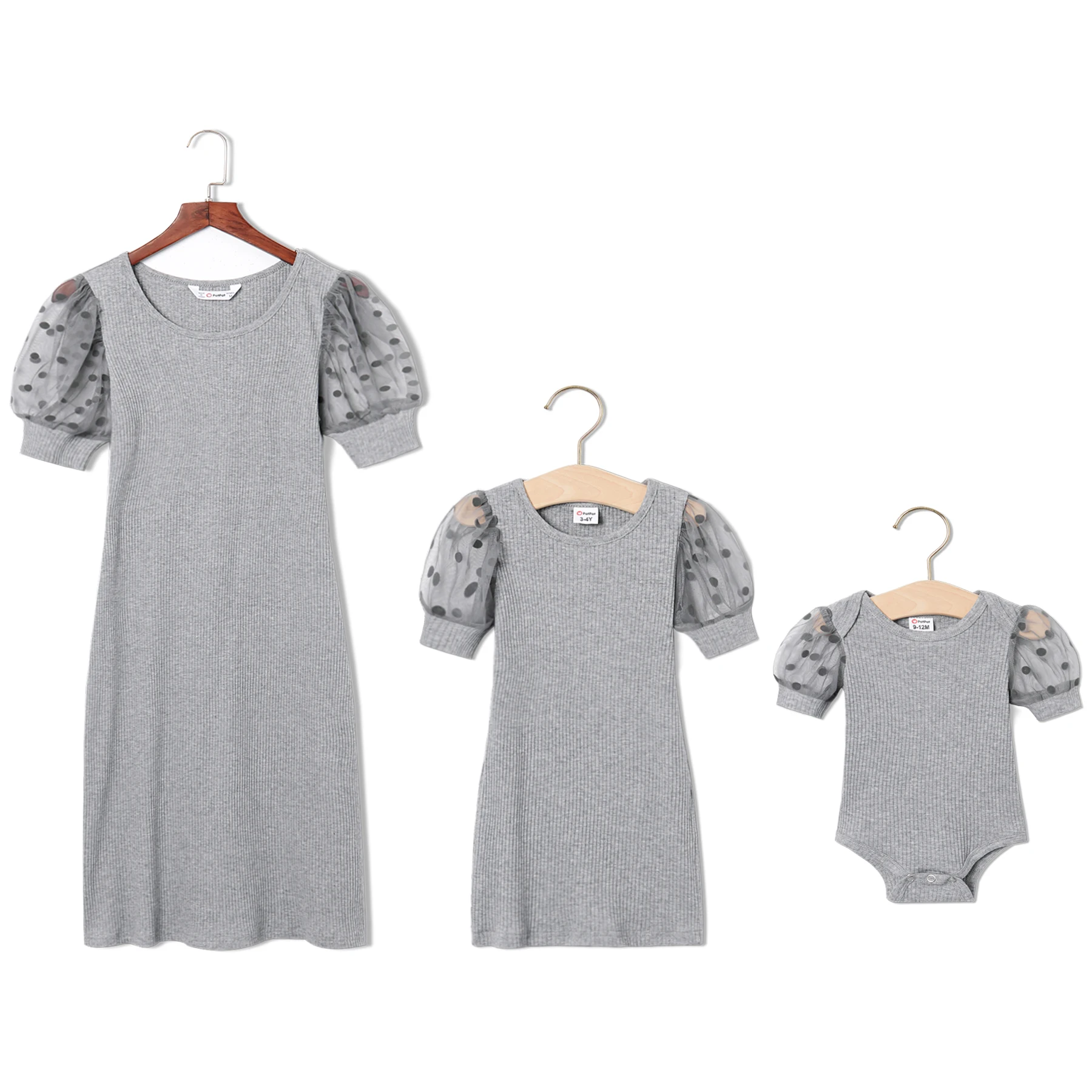 

PatPat Polka Dot Puff Sleeve Matching Solid Grey Mini Dresses