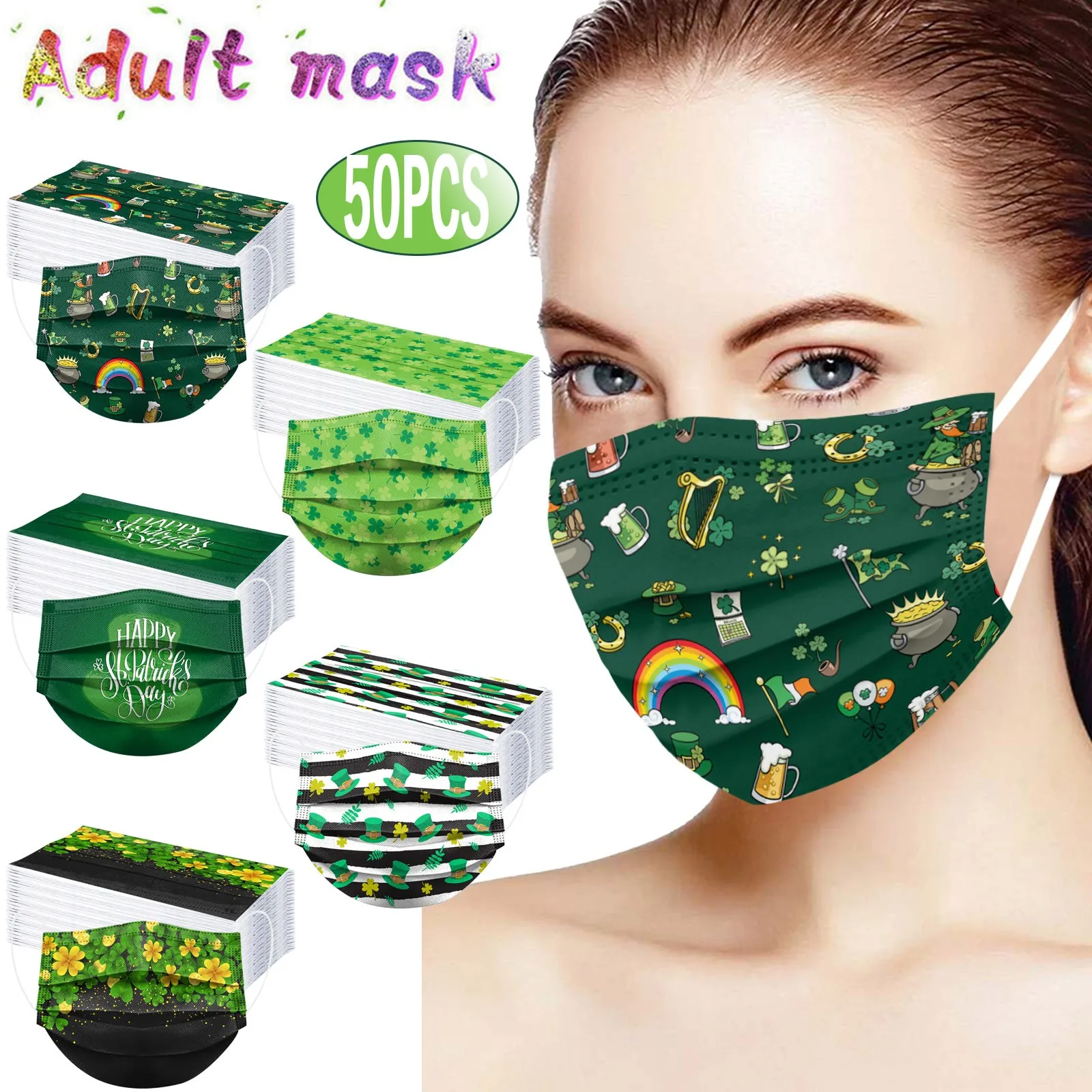

máscara маски masque Headband 50PCS Adult St. Patrick' Day Disposable Face Mask 3 Ply Earloop Anti-PM2.5 Masks Mascarillas Маска