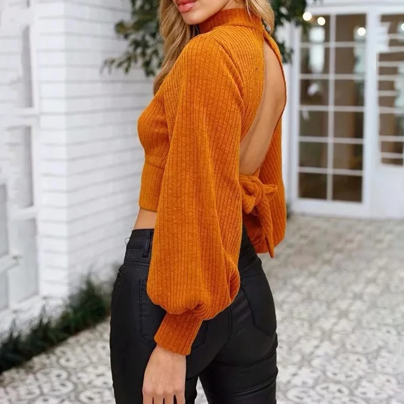 2019 autumn women hollow out basic knitting sweater elegant backless long sleeve lace-up knitted pullover streetwear | Женская одежда