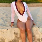 Новый сексуальный слитный купальник с глубоким V-образным вырезом, белый купальник, Женское боди с длинным рукавом, купальный костюм, монокини, купальник badpak dames