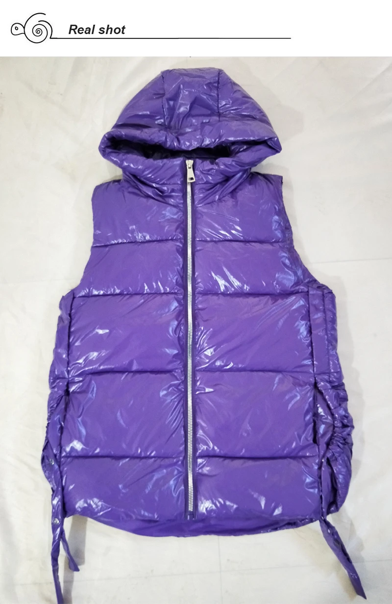 

Women's Winter Cotton Vest Solid Hooded Female Puffer Coat Thick Cotton Padded Shiny Casual Sleeveless Jacket Women