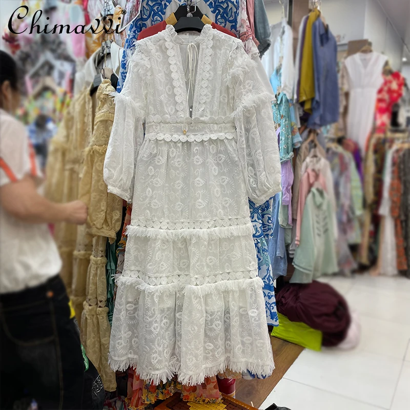 

Sexy Summer 2021 New Women's Retro Elegant Hollow Out Crochet Embroidery A-line Dress Fairy Lantern Sleeve V-neck Dress