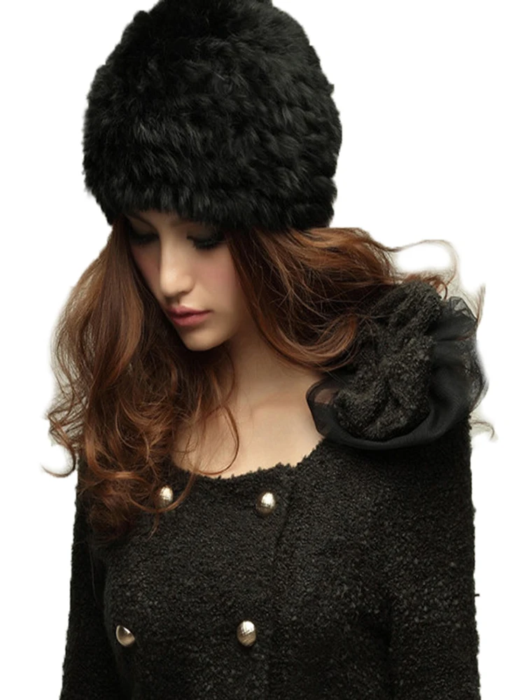 Оригинальная вязаная шапка из кроличьего меха женская натурального модные