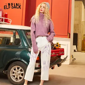 Брюки ELFSACK женские прямые повседневные с графическим принтом, корейские повседневные штаны с высокой талией, КолорБлок, белые, весна 2020