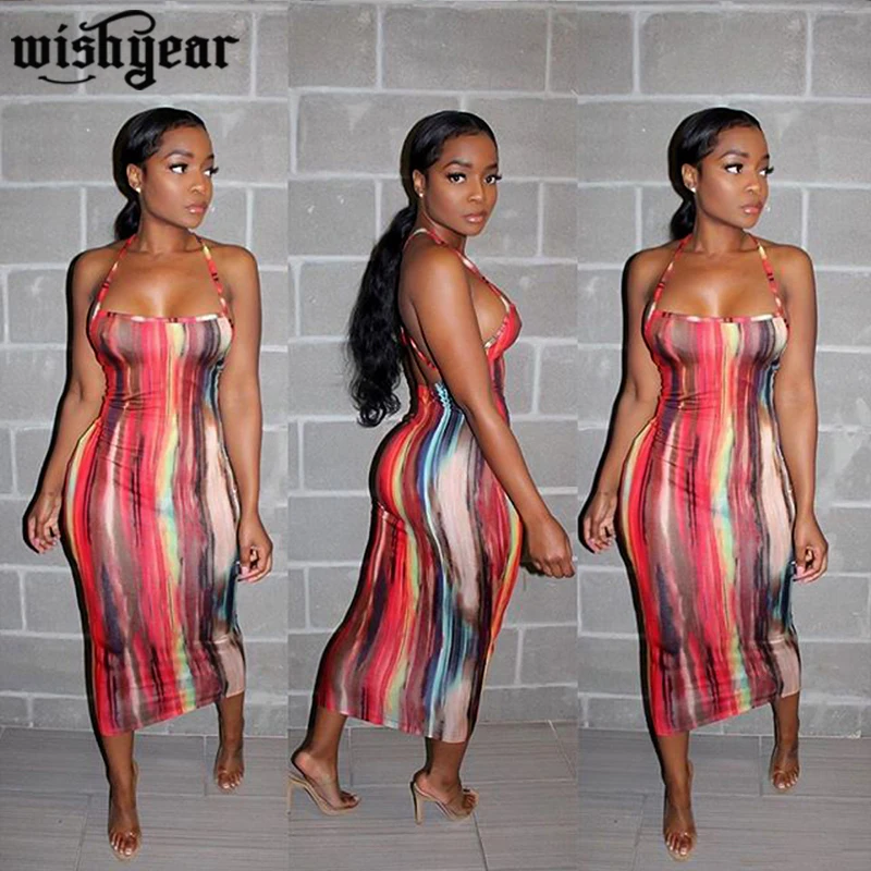 

Summer Sexy Tie Dye Dress For Women Spaghetti Strap Fashion Long Dresses Female Bodycon Casual Dress Vestidos