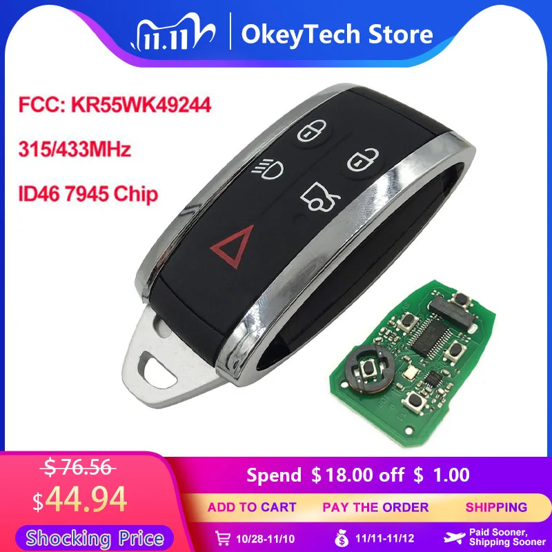 OkeyTech дистанционный Автомобильный ключ 5 кнопок для Jaguar XF XFR XK XKR 2009-2013 315/433 МГц ID46 7945