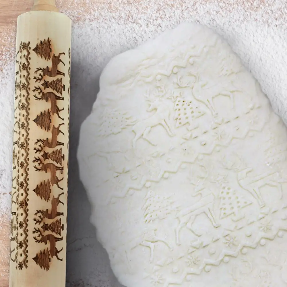 35*5cm Christmas Embossing Rolling Pin Baking Cookies Biscuit Fondant Cake Dough Engraved Wooden Roller Reindeer Elk Snowflake | Дом и сад