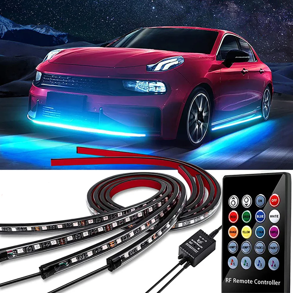 

4pcs RGB Flexible LED Strip Car Underglow Light Remote/APP Control Neon LED Car Underbody Light Auto Atmosphere Decorative Lamp