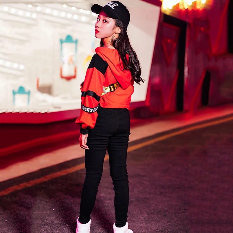 Танцевальные костюмы в стиле хип-хоп для девочек красный топ с капюшоном одежда