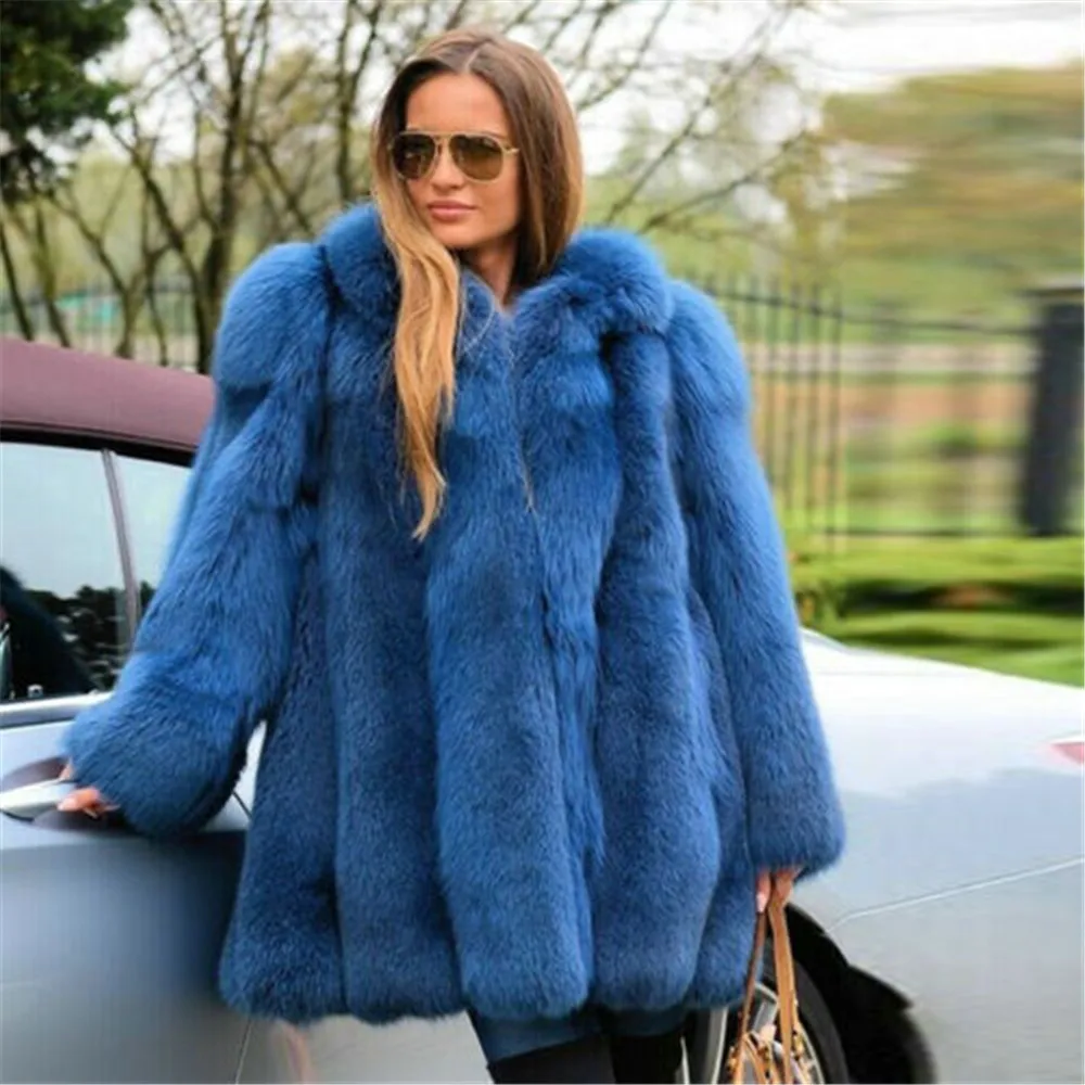 Mid-length Real Fox Fur Jacket Natural Women Winter Fashion Fur Overcoat Thick Warm Genuine Full Pelt Blue Fox Fur Coat Trendy