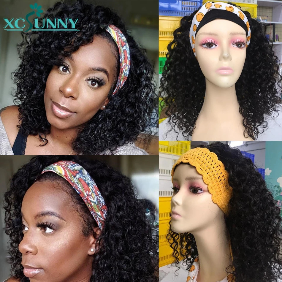 Короткие вьющиеся человеческие волосы парики с повязкой на голову полный