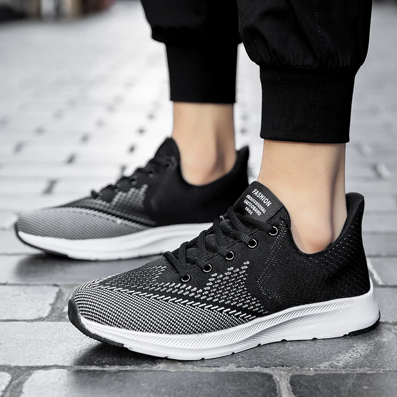 Сетчатые летние мужские кроссовки повседневные Черные белые шнурки