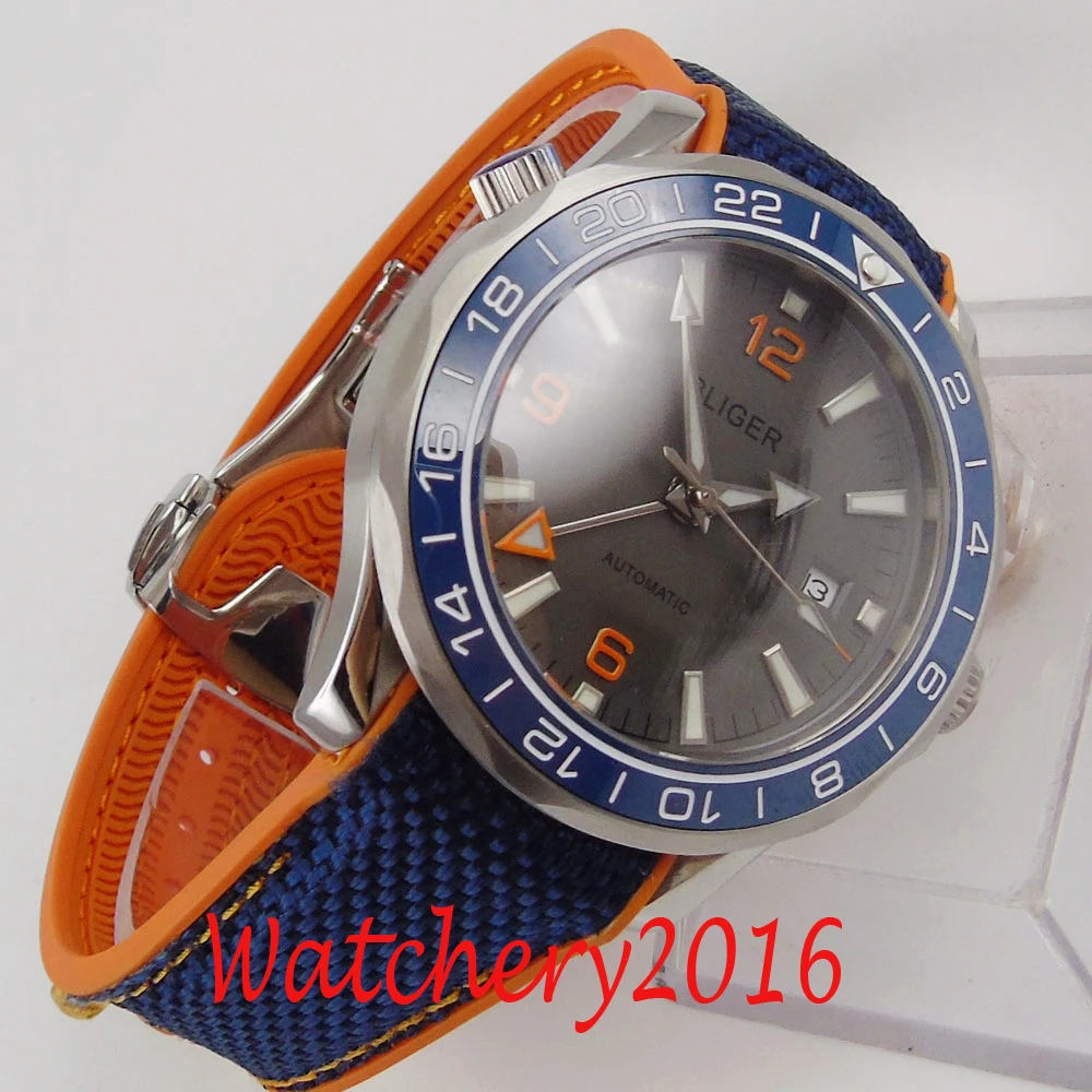 

41mm BLIGER Grey dial Sapphire glass GMT date Blue ceramic bezel automatic men's watch