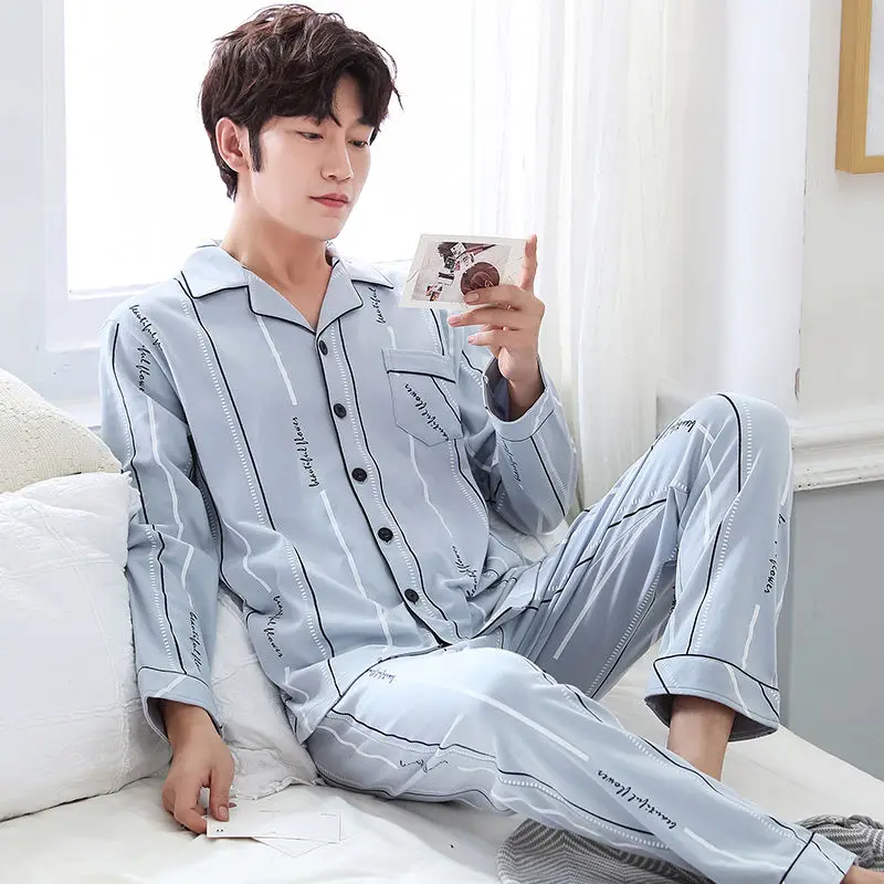 2pcs Sets Pure Cotton Men Pajamas Casual Plaid Long Sleeve Lapel Collar Sleepwear Spring Autumn Homewear Nightwear Home Clothing