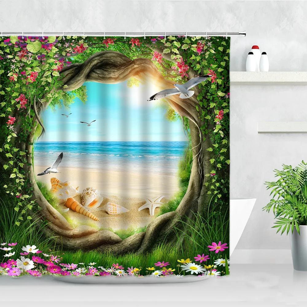 

Plant Scenery Creative Waterproof Bathroom Curtain Flowers Tree Conch Birds Ocean Landscape Decor Cloth Screens Shower Curtains