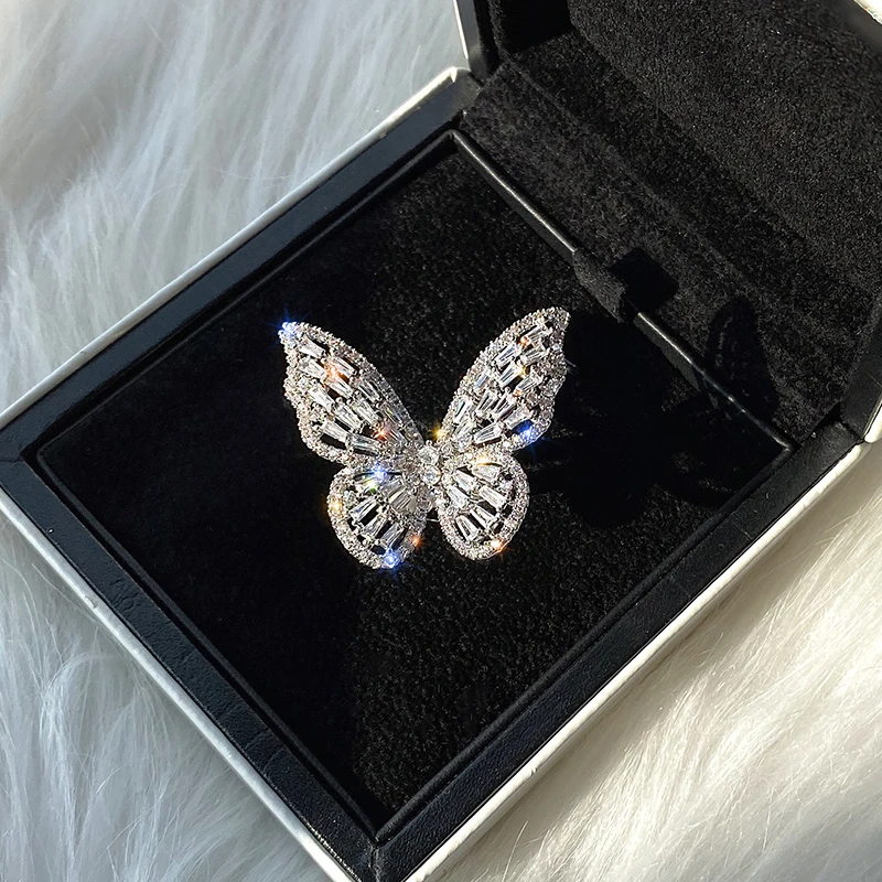 

New design fashion jewelry opening high-grade copper inlaid zircon butterfly ring luxury shiny cocktail party ring for women