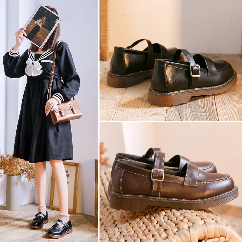 

2021 England Style Leather Shoes Flat Heel Round Toe Women Retro Mary Janes Student Autumn Flats Zapatos De Mujer Shoes