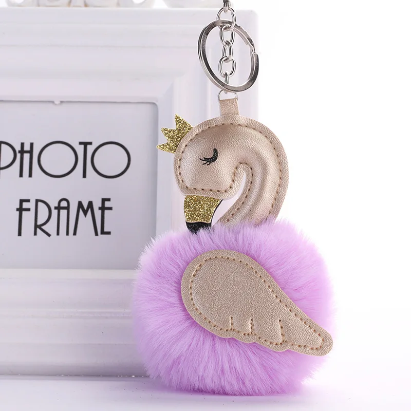 

24Style Cute Pink Flamingo Pompom Keychain Swan Key Chain Fake Rabbit Fur Ball Women Car Bag Pompon Key Ring Pom Pom Holder Gift