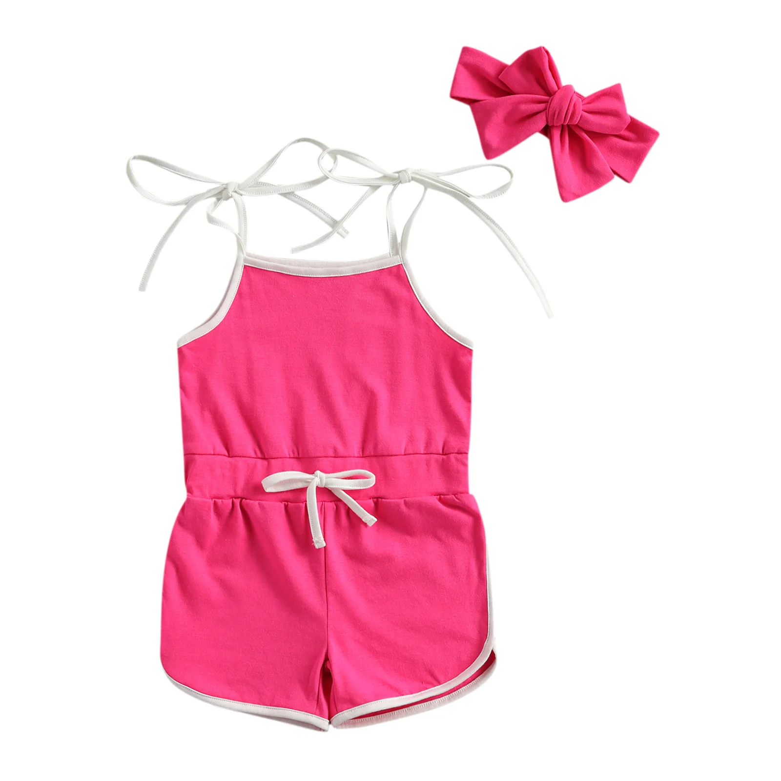 

Baby Playsuit + Bow Headband Sleeveless Design Adjustable Shoulder Strap Elastic Waist Drawstring Clothing