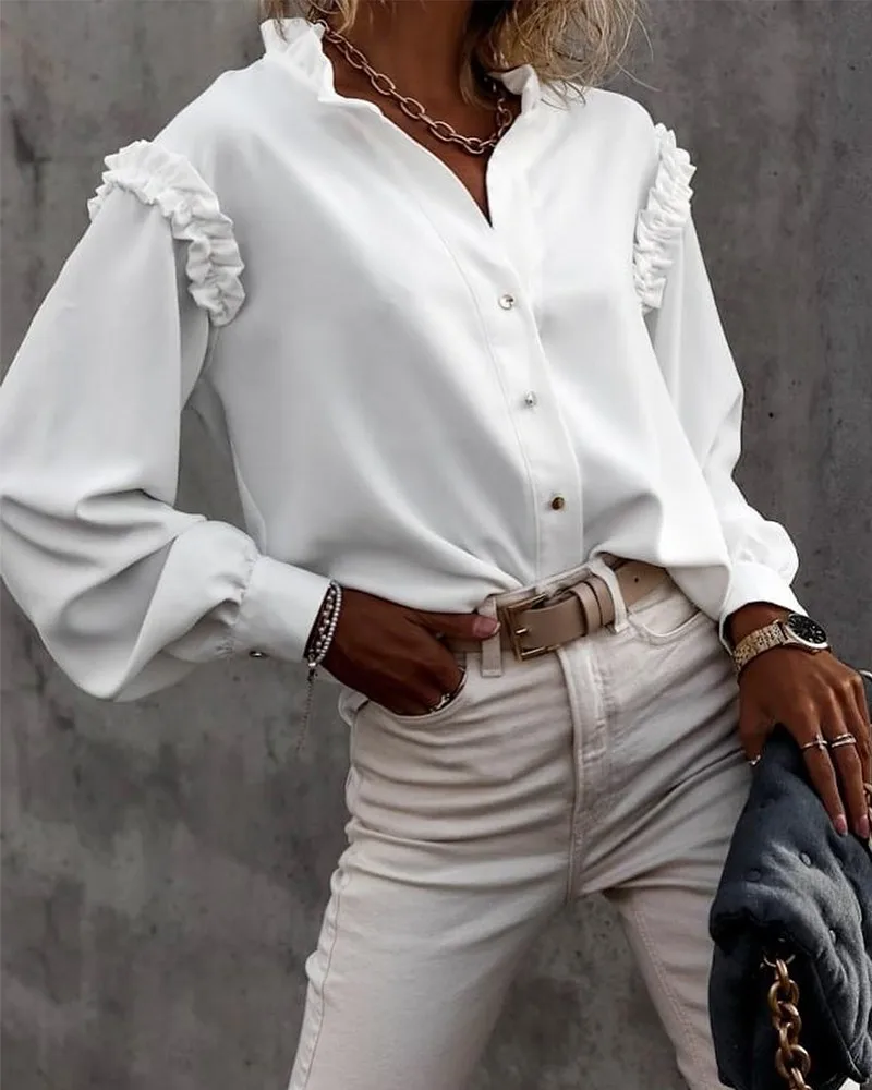 Women's 2021 New Autumn Winter Wood Ear Stitching Lantern Sleeve Tops Frill Trim Button Up Top | Женская одежда