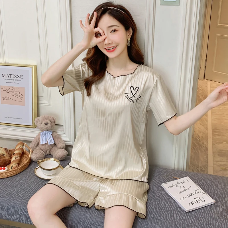 

Women Stripe Print Pajamas Sets For Femme Harajuku Soft Short Sleeve Nightwear Set 2021 Summer lady Comfortable Pajama Sleepwear