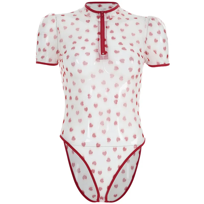 Shestyle Heart Print Zip Short Sleeve Bodysuits Women 2020 Spring Summer Mesh Hollow Out Patchwork See Through Sexy Body Suit | Женская
