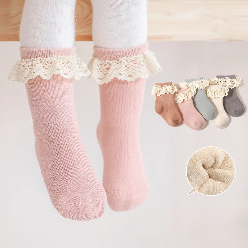 5 Pairs/lot Autumn And Winter Baby Socks Terry Thickened Warm Girls Socks Children Baby Lace Socks Newborn Princess Cotton Socks