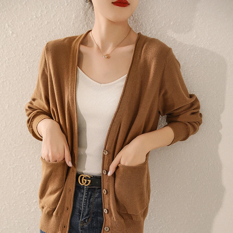 

New style ladies jacket casual knit small jacket, pure cotton button cardigan, solid color short sweater, slim-fit, basic jacket