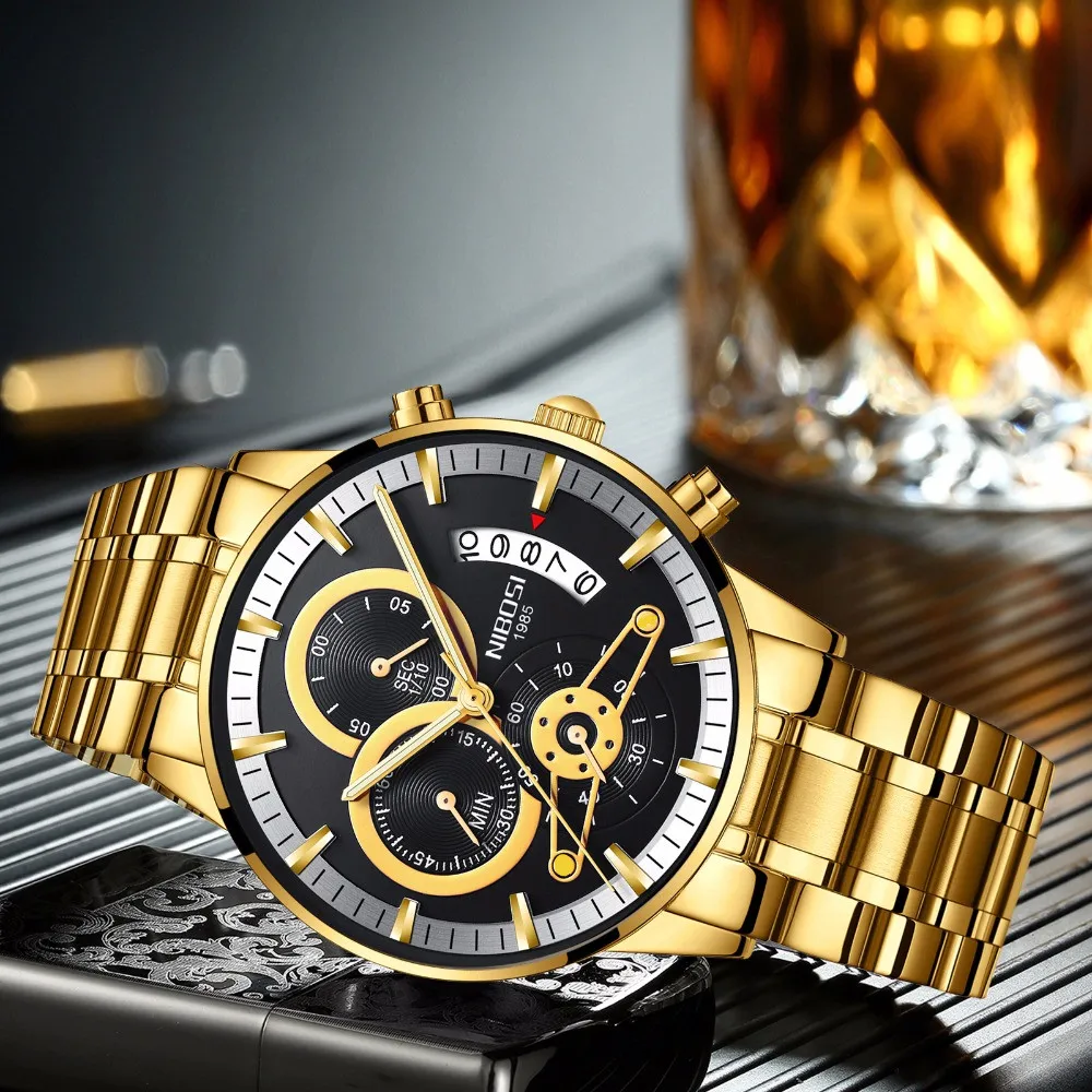 

NIBOSI Mens Watches Top Luxury Brand Men Gold Watch Men Relogio Masculino Military Army Analog Quartz Wristwatch Montre Homme
