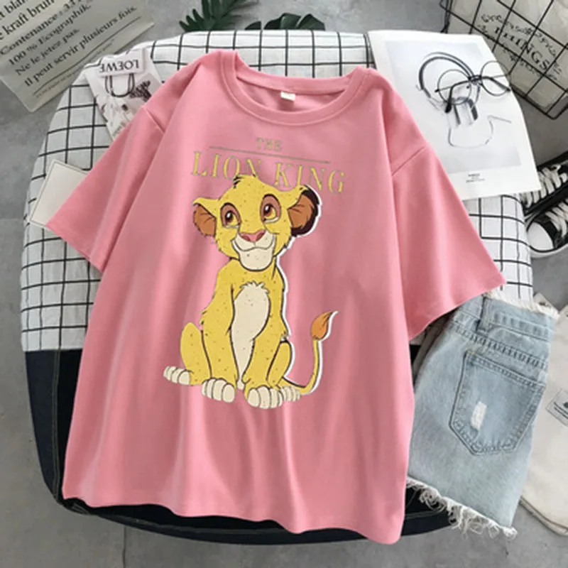 

Disney King Lion Synthetic Or Cotton Girl T Shirt Tops Luxury Designer Tshirt Mickey Mouse Summer Cartoon Women T-Shirt Cotton