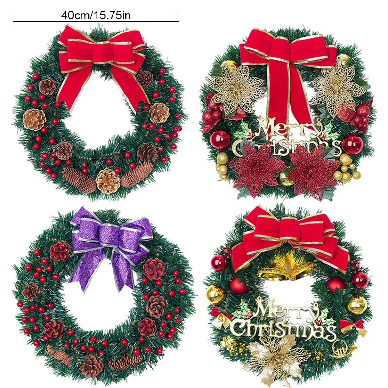 

15.7 Inches Christmas Hanging Pine Artificial Wreath Wreath Xmas Front Door Ornament Garland With Bowknot Bells