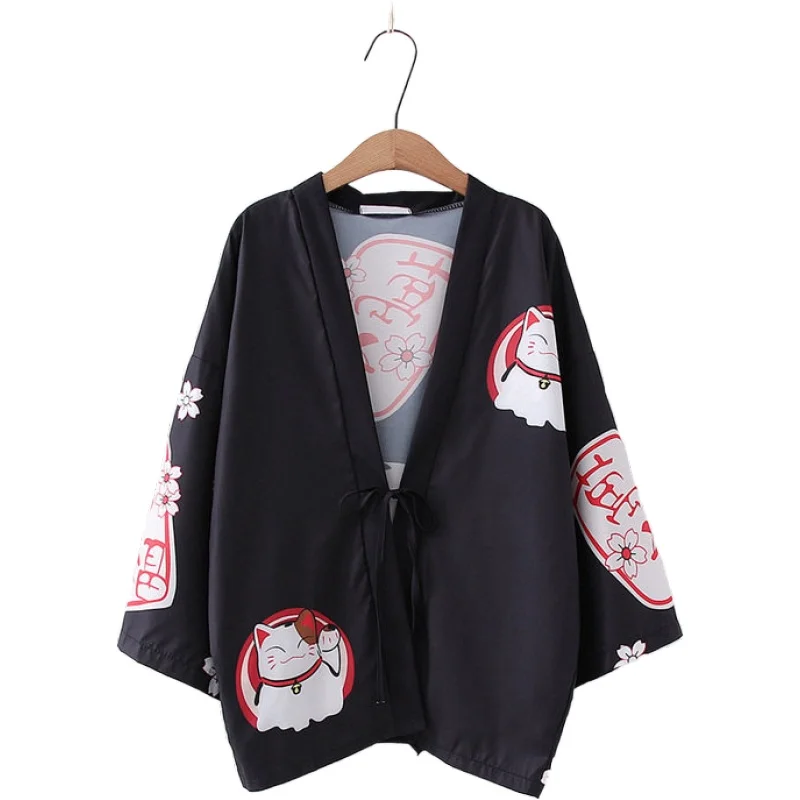 Женские Длинные кимоно кардиган блузка в японском стиле с мультяшным принтом