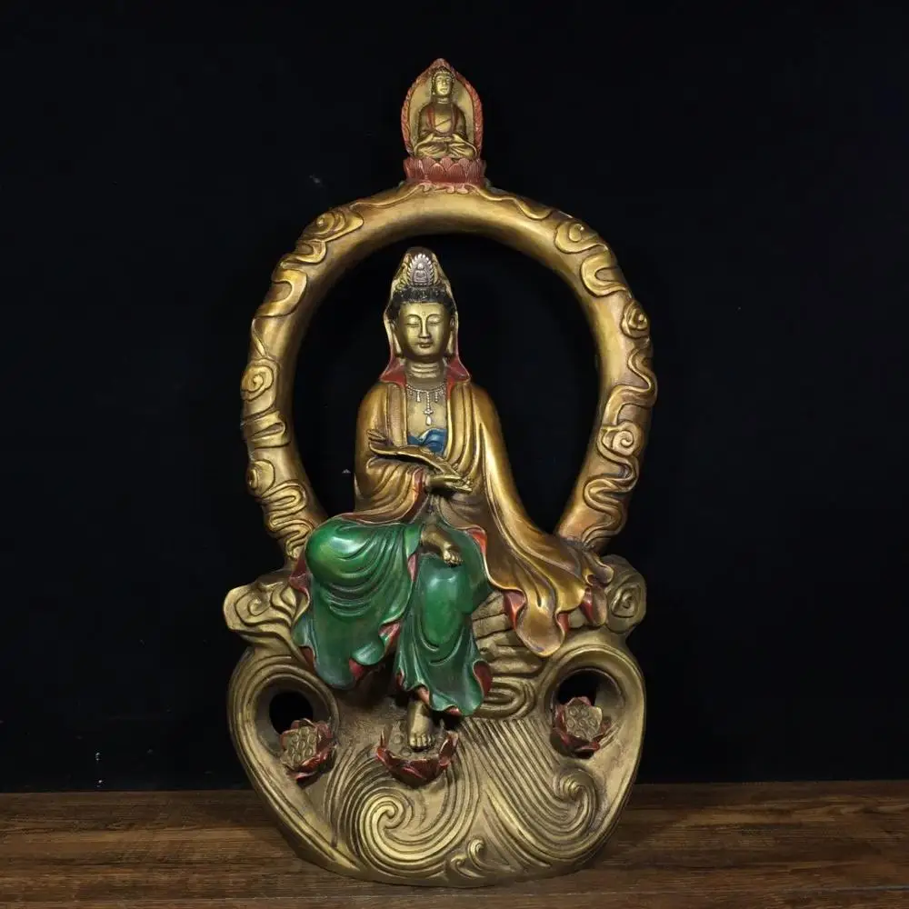 

Свадебное украшение, 19 дюймов, китайская коллекция, бронзовая окрашенная статуя Будды Ruyi статуя Гуаньинь avalokitezvara, статуя Avalokitasvara