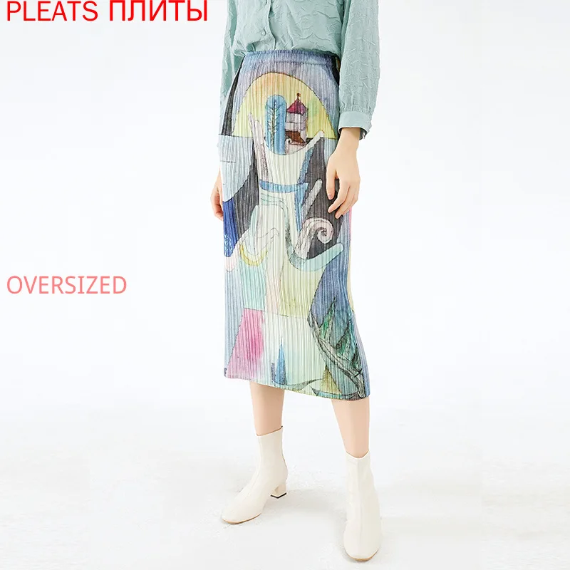 Miyake pleated ins all-match printed castle skirt Autumn New A- line skirt temperament casual dress women