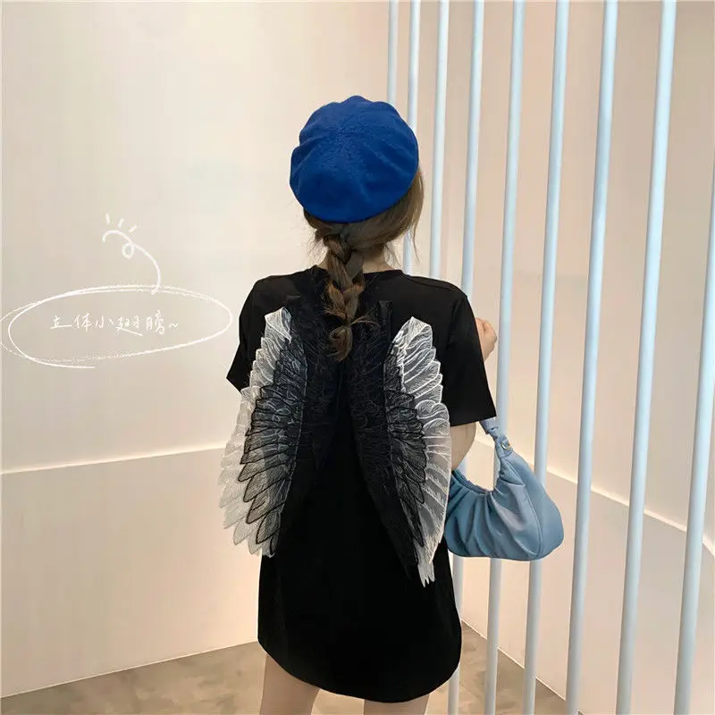 2020 Kawaii Black Women Tshirt Korean Cotton Casual Funny Wing T Shirt Gift For Lady Yong Girl Summer Top Tee Harajuku Tops | Женская