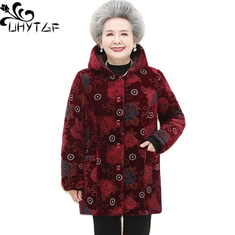 

UHYTGF Golden Velvet Warm Winter Jacket Women Printed Hooded Thicken Grandma Cotton Outewear Female 5XLPlus Size Parker Coat 21