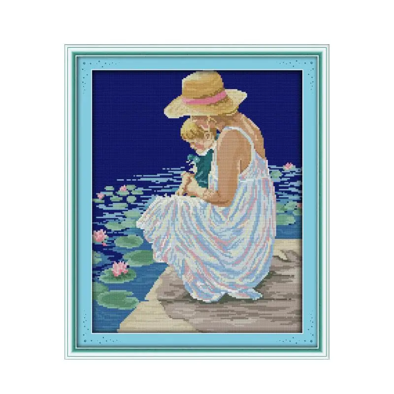 Набор для вышивки крестом мама и сын наблюдения за рыбами aida 14st 11ct холсты стежков