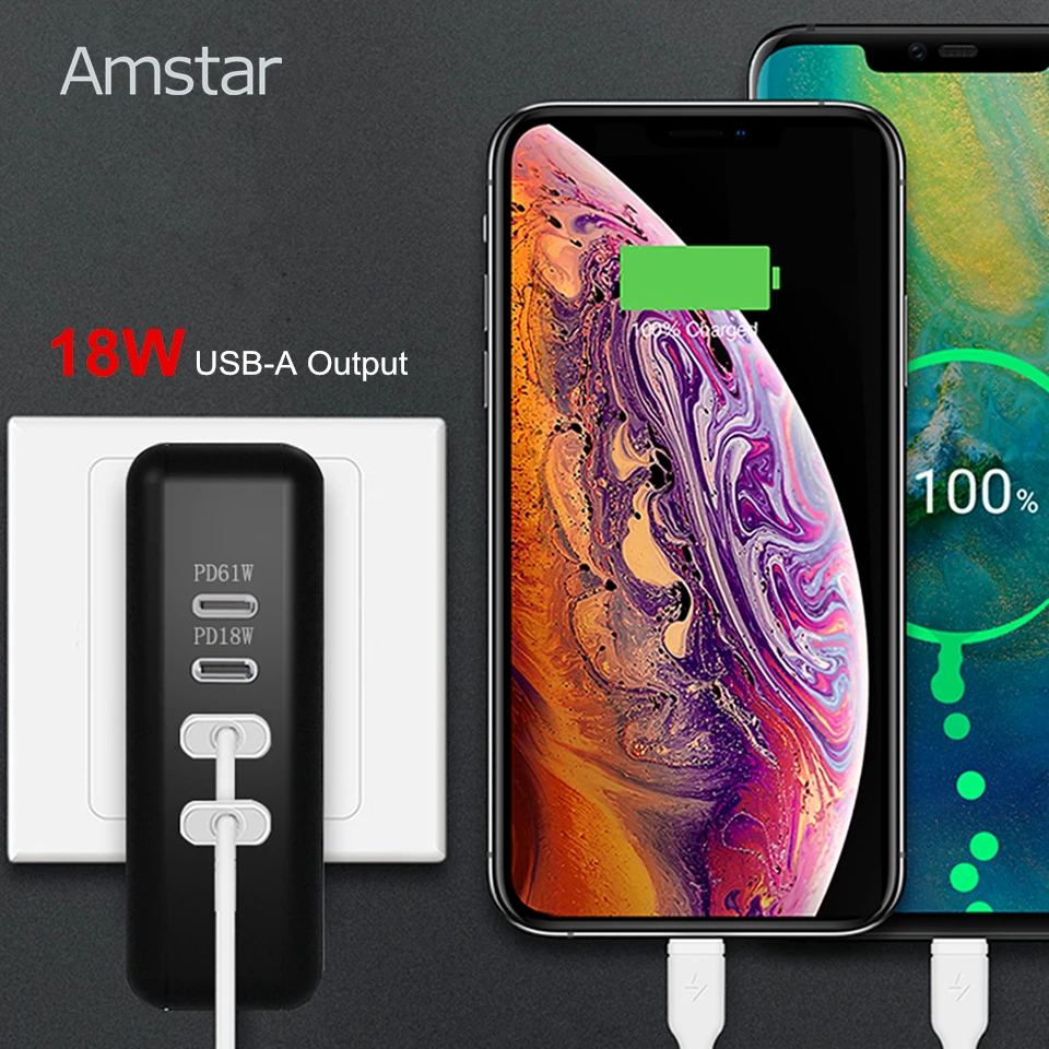 Amstar 61 Вт двойной USB C type-C PD быстрое зарядное устройство для MacBook Pro Air huawei hp ноутбук планшет двойной Quick Charge 3,0 адаптер питания
